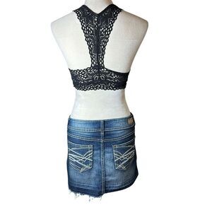 Vintage Reign Mid Rise Dark Wash Faded Denim Mini Skirt Rhinestone Bling Y2K